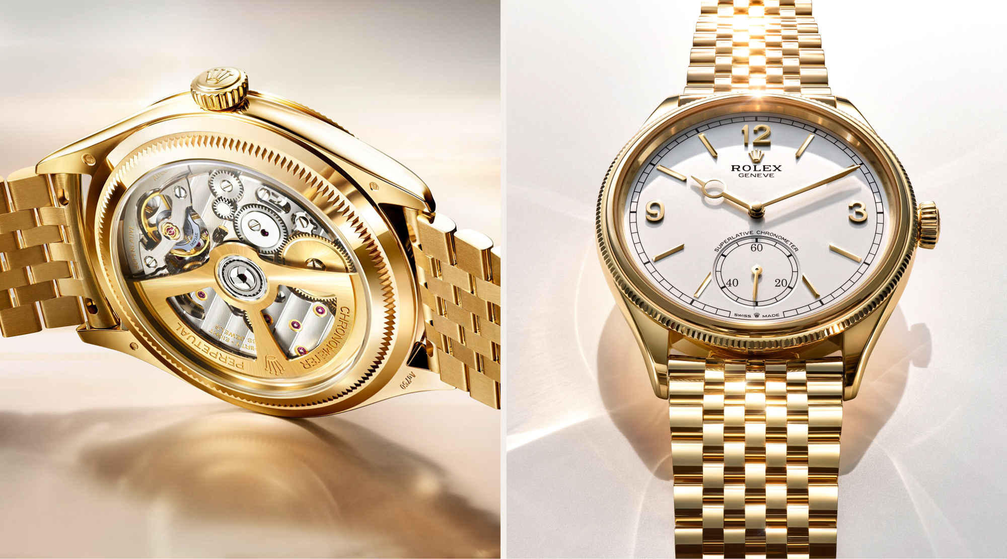 Rolex Perpetual 1908 in yellow gold showing transparent caseback with caliber 7140 movement alongside front face with white dial and Settimo bracelet
