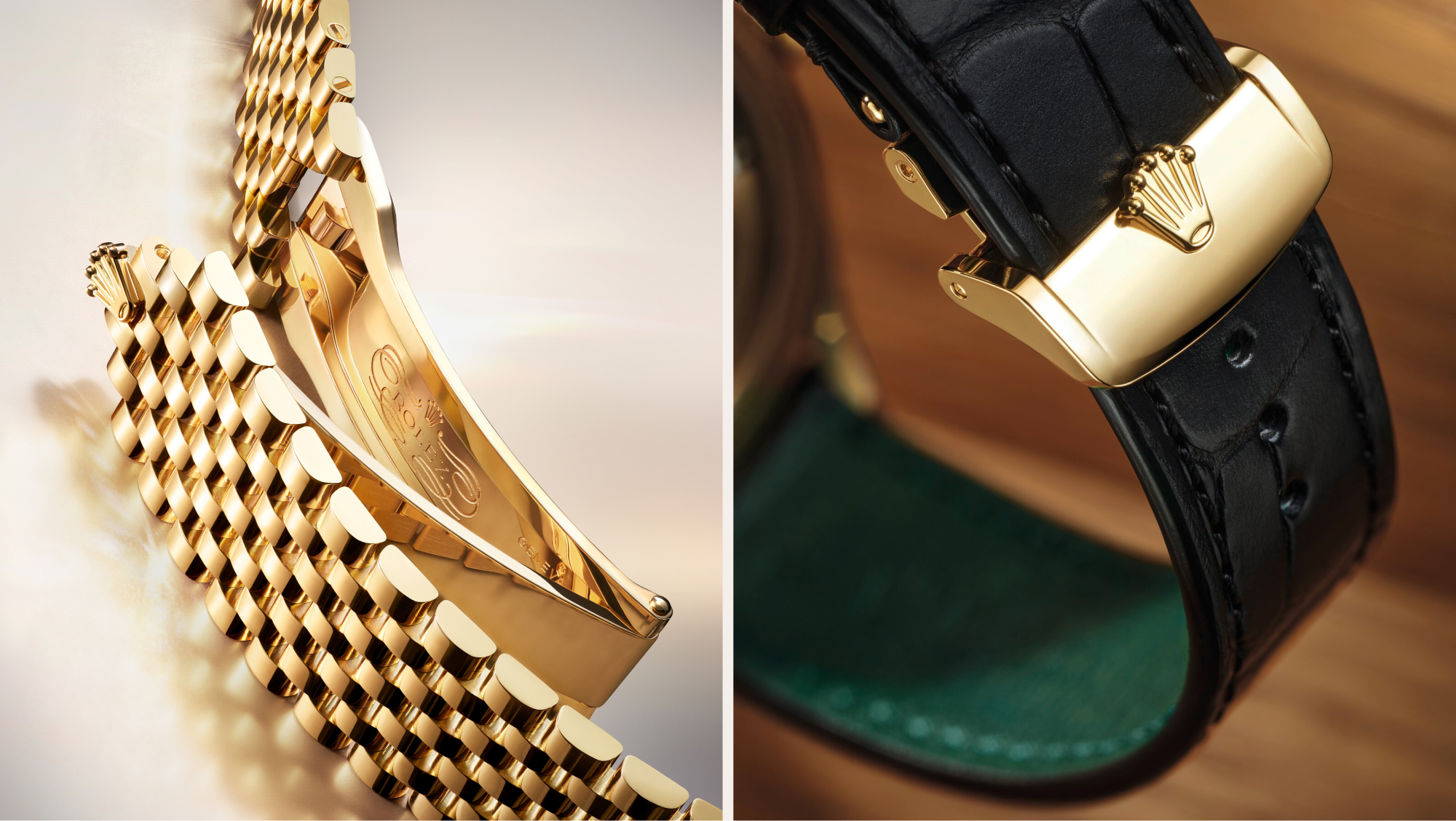 Close-up of Rolex 1908 Settimo bracelet Crownclasp in yellow gold alongside alligator leather strap with Dualclasp detail showing green inner lining