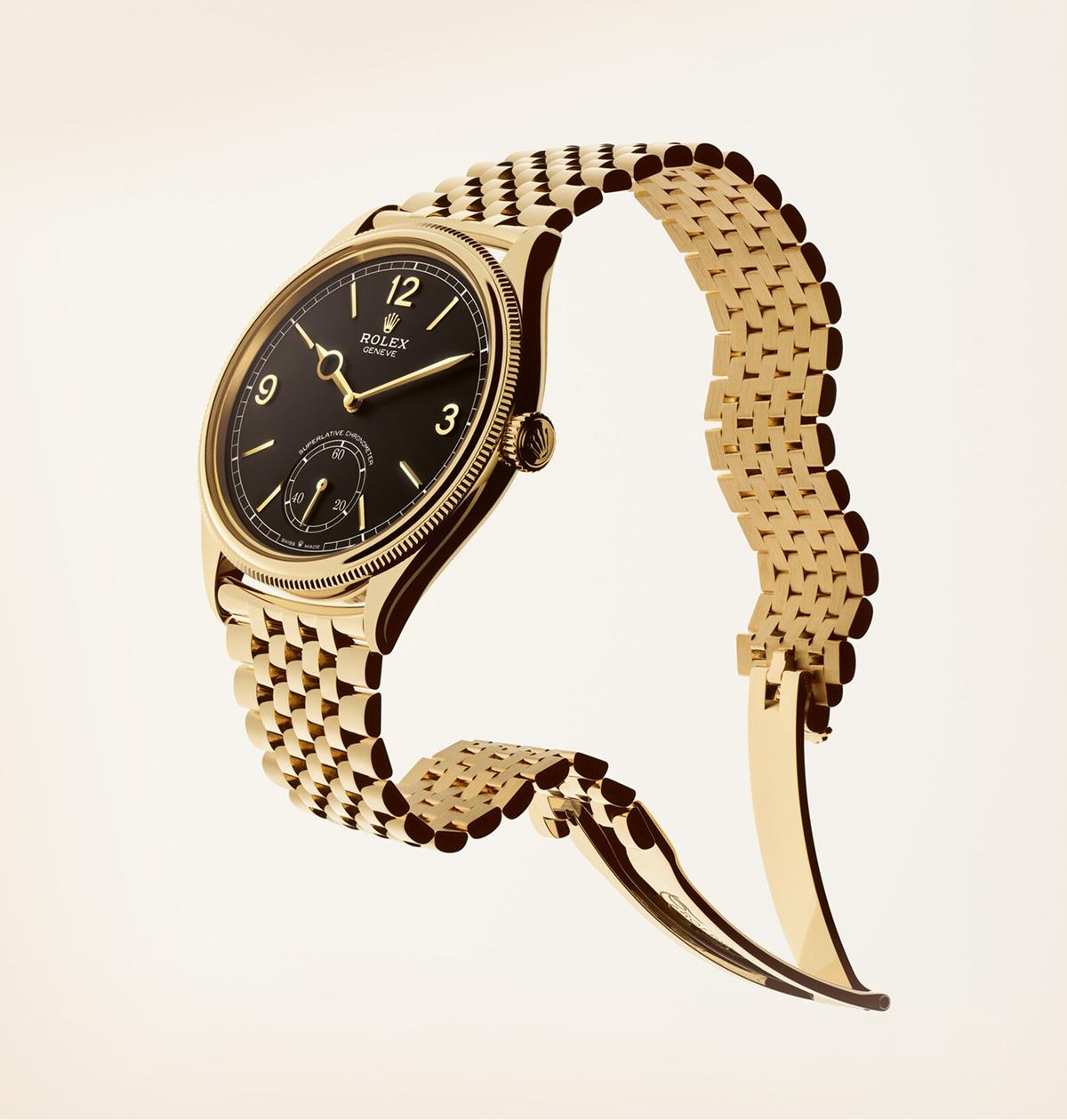 Rolex Perpetual 1908 in yellow gold with intense black dial and Settimo bracelet, dynamic floating view on cream background
