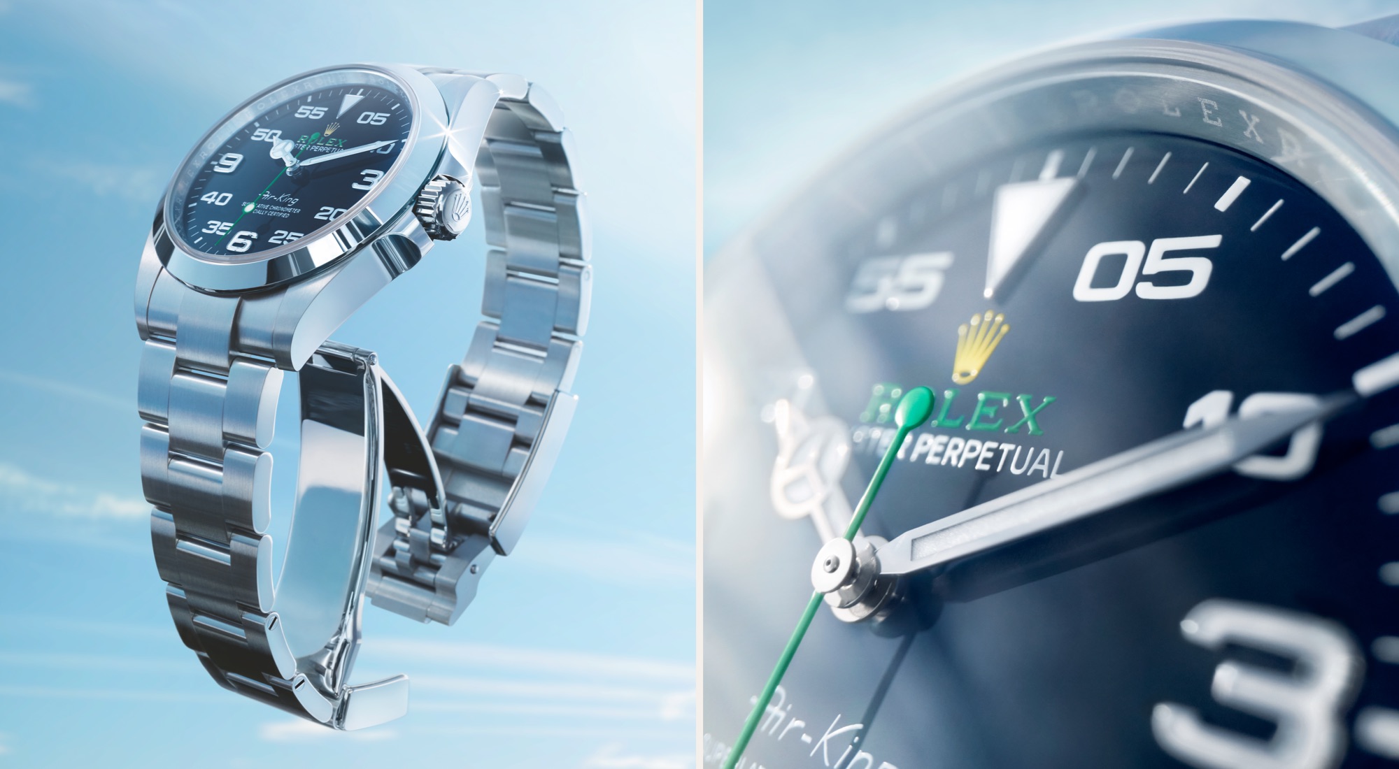 Rolex Air-King floating in blue sky alongside close-up of black dial showing green Rolex name and yellow crown