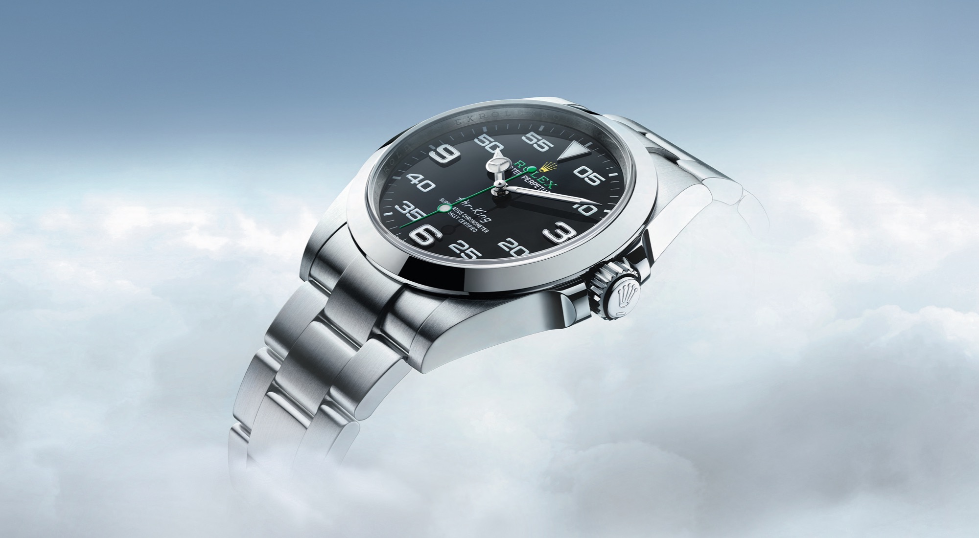 Rolex Air-King in Oystersteel soaring through dramatic cloud formations