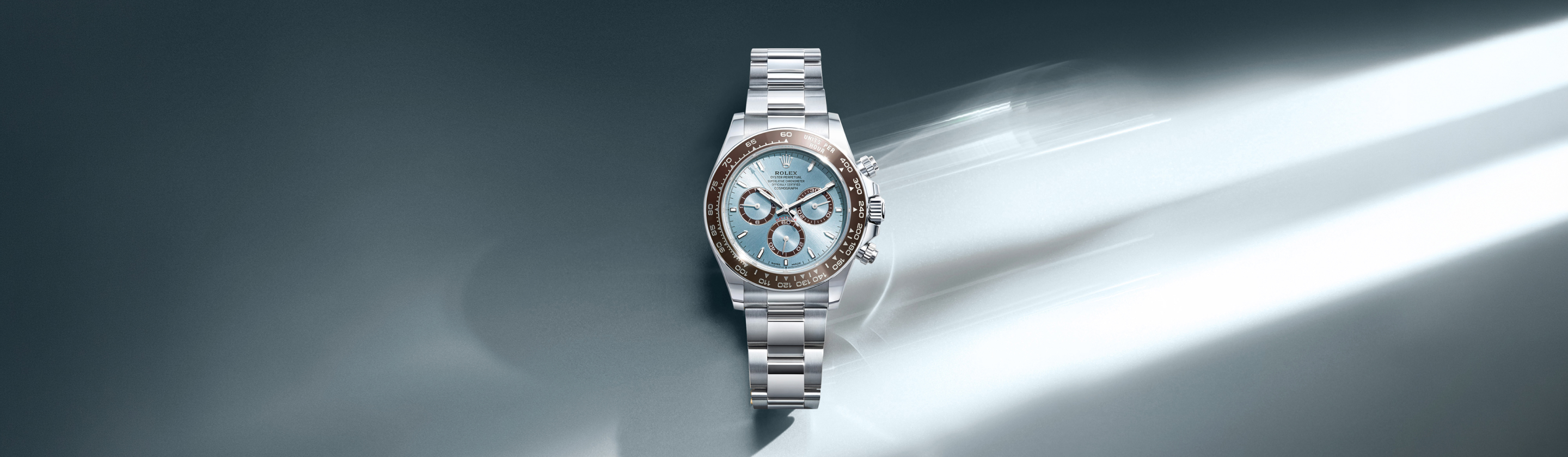 Rolex Cosmograph Daytona in 950 platinum with ice blue dial and brown Cerachrom tachymetric bezel on an Oyster bracelet