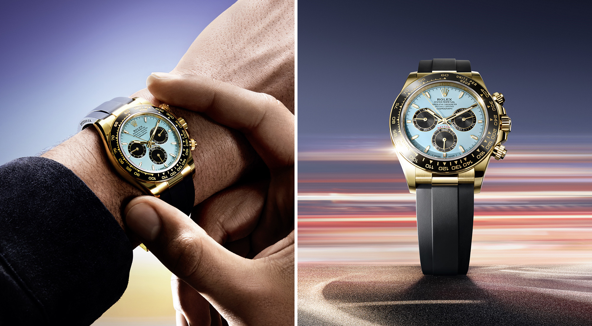 Rolex Cosmograph Daytona in yellow gold with ice blue dial and black Cerachrom bezel worn on a wrist with Oysterflex bracelet, alongside a full watch view against a speed-blurred background