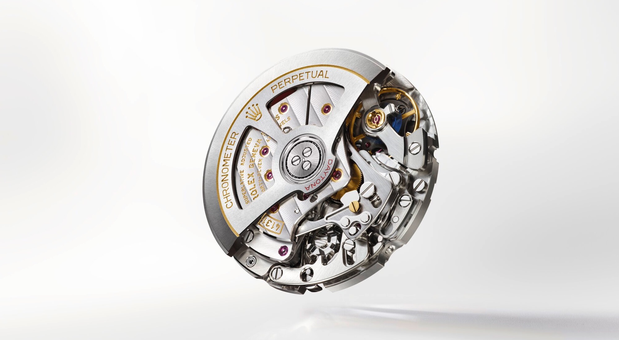 Rolex Cosmograph Daytona caliber 4131 chronograph movement showing the Perpetual rotor, Chronergy escapement, Côtes de Genève decoration and the Daytona inscription