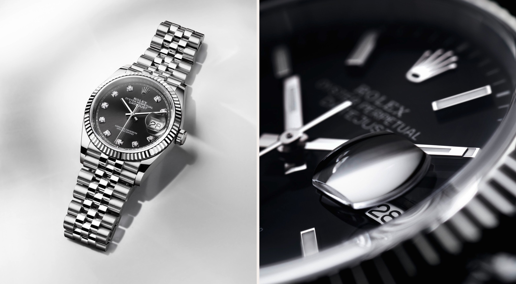 Rolex Datejust 36 in white gold with dark grey diamond-set dial on a Jubilee bracelet, alongside a close-up of the Cyclops lens magnifying the date on a black dial