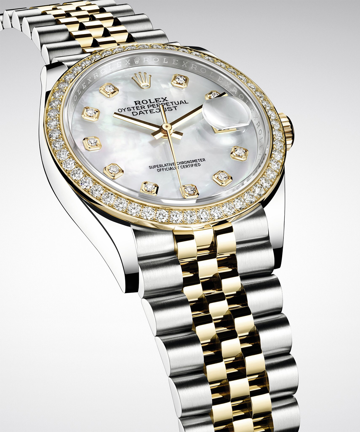 Close-up of the Rolex Datejust 36 in Oystersteel and yellow gold Rolesor with mother-of-pearl diamond-set dial and diamond-set bezel on a Jubilee bracelet