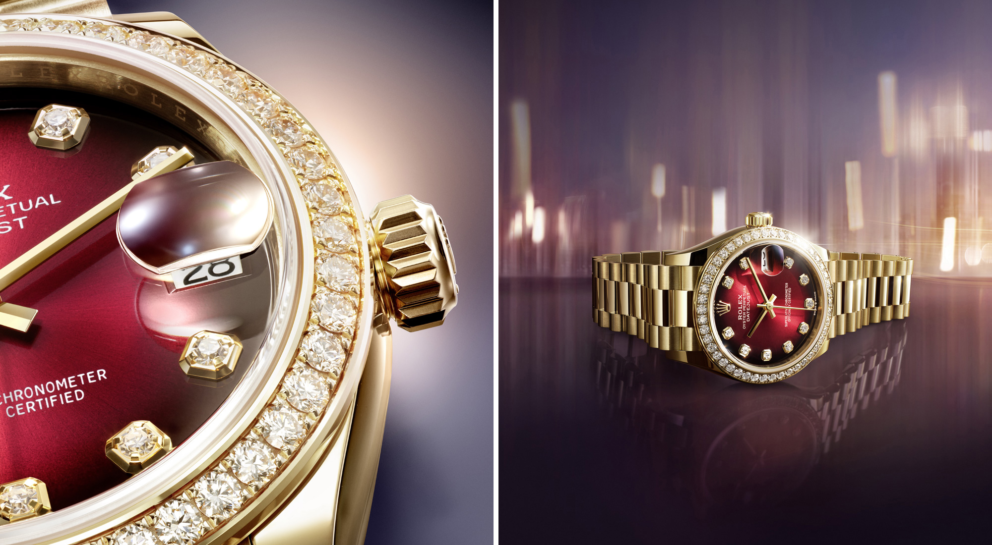 Close-up of Rolex Datejust 31 in yellow gold with red vignette diamond-set dial and diamond-set bezel showing the Cyclops lens and crown detail, alongside the full watch on a President bracelet against a warm illuminated background