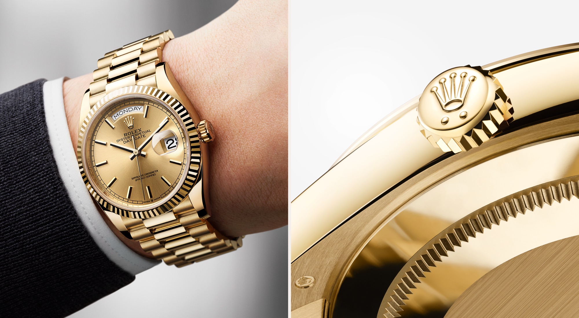 Rolex Day-Date in yellow gold with champagne dial worn on wrist alongside a close-up of the fluted bezel and Rolex crown