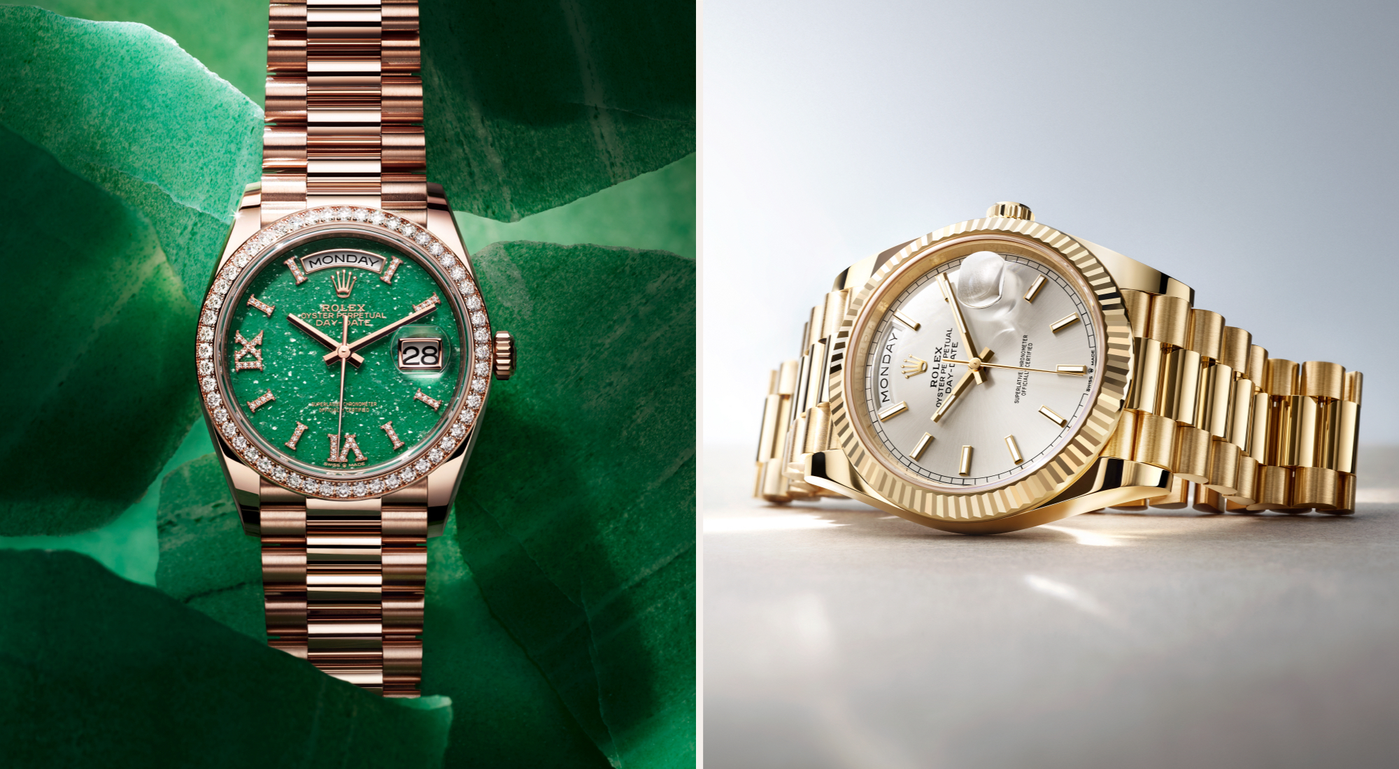 Rolex Day-Date in Everose gold with green aventurine diamond-set dial alongside Day-Date in yellow gold with silver sunray dial, both on President bracelets
