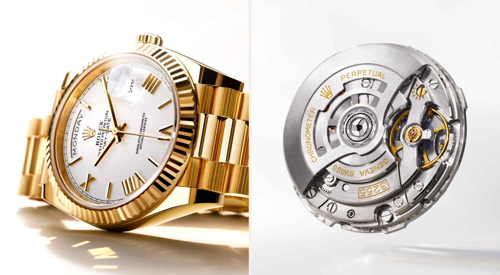 Rolex Day-Date in yellow gold with white Roman numeral dial alongside calibre 3255 movement showing Perpetual rotor