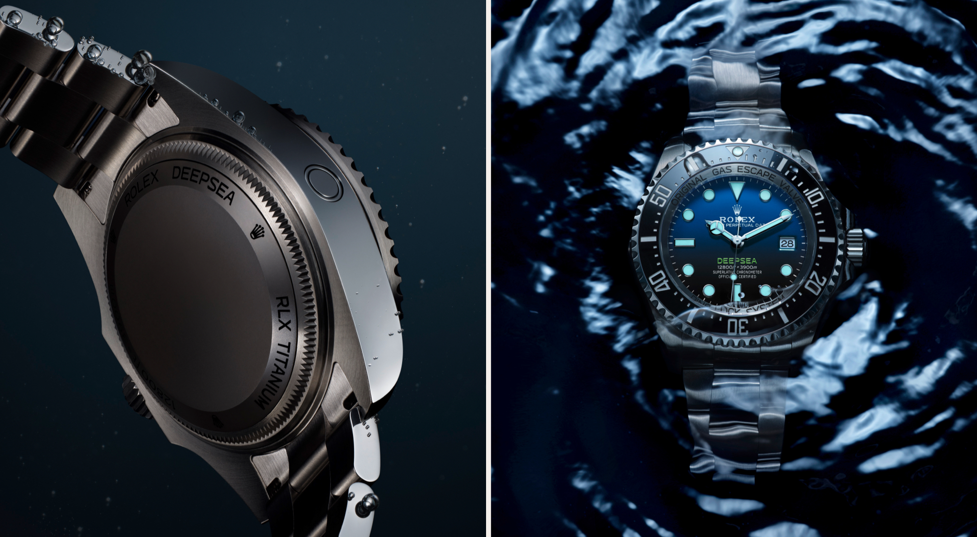Rolex Deepsea Challenge in RLX titanium caseback view showing the RLX TITANIUM engraving and helium escape valve, alongside the Rolex Deepsea with D-blue dial viewed from above in a swirling water vortex