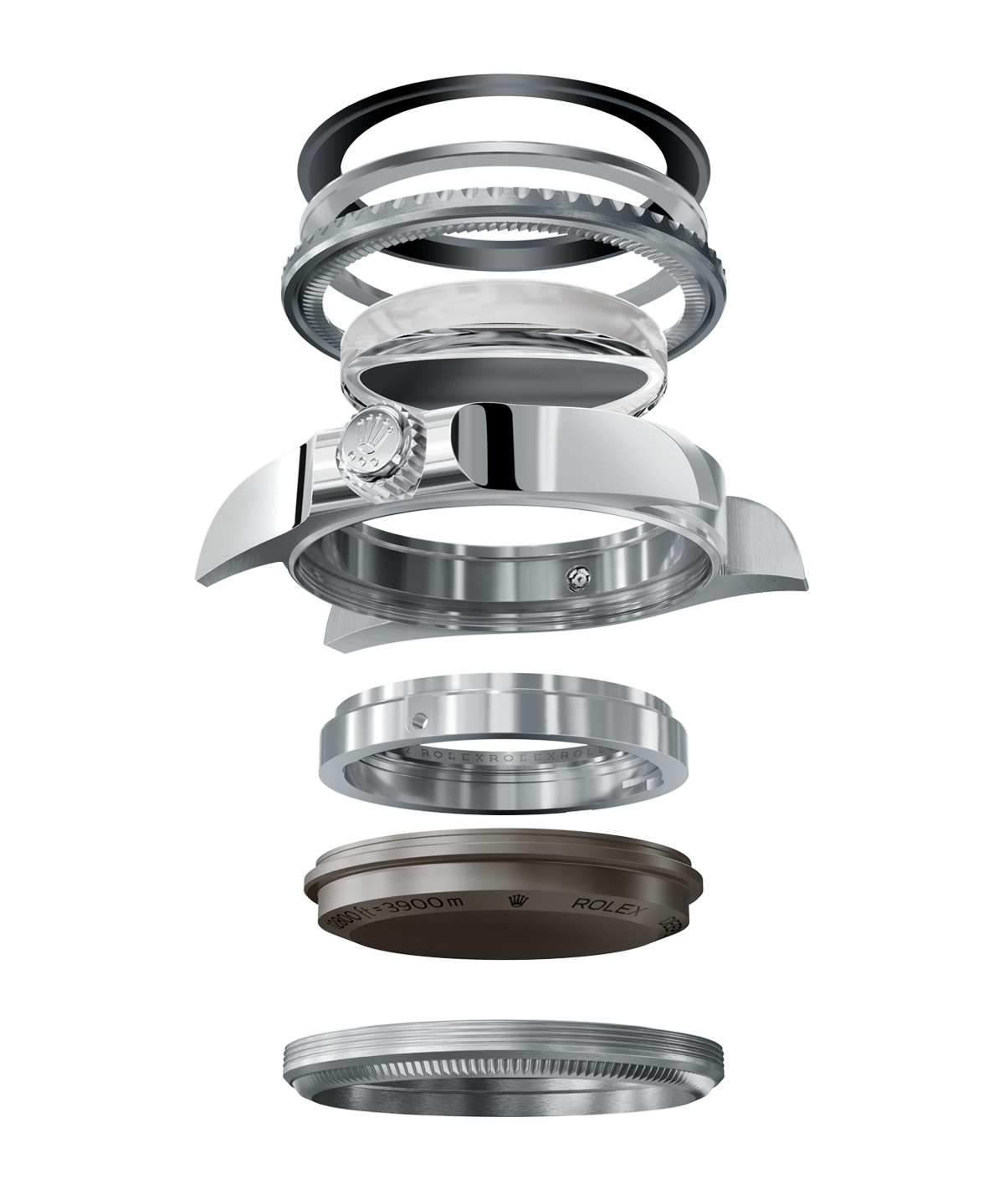 Exploded diagram of the Rolex Deepsea Ringlock system showing all individual components: Cerachrom bezel, bezel ring, sapphire crystal, case middle with helium escape valve, nitrogen-alloyed steel compression ring, titanium caseback and case ring, separated vertically against a black background