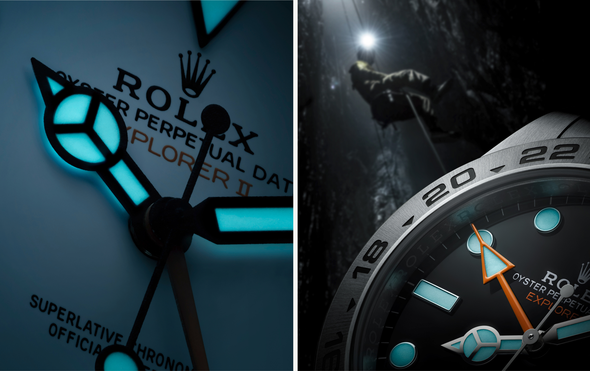 Rolex Explorer II Chromalight luminescent display on white dial alongside orange hand detail with spelunker in cave background