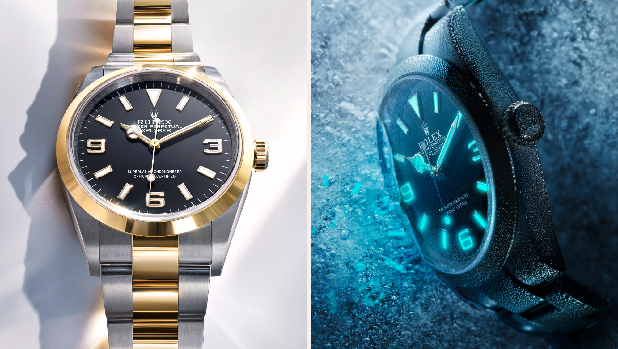 Rolex Explorer 36 in yellow Rolesor alongside Explorer showing Chromalight display glowing blue in dark