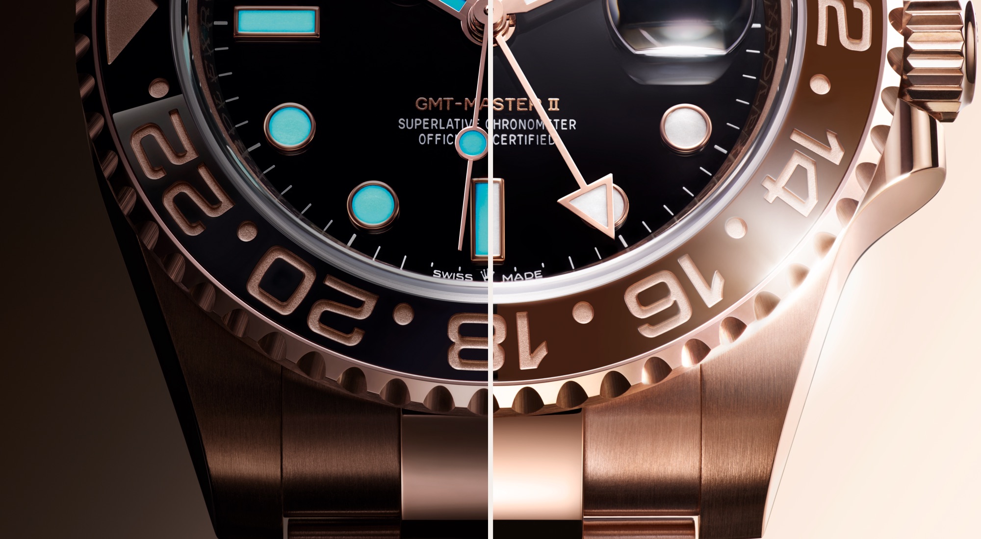 Split close-up of the Rolex GMT-Master II in Everose gold with black dial, showing the Chromalight luminescent display on the darkened left half and the brown-black Cerachrom bezel and Everose bracelet detail on the illuminated right half