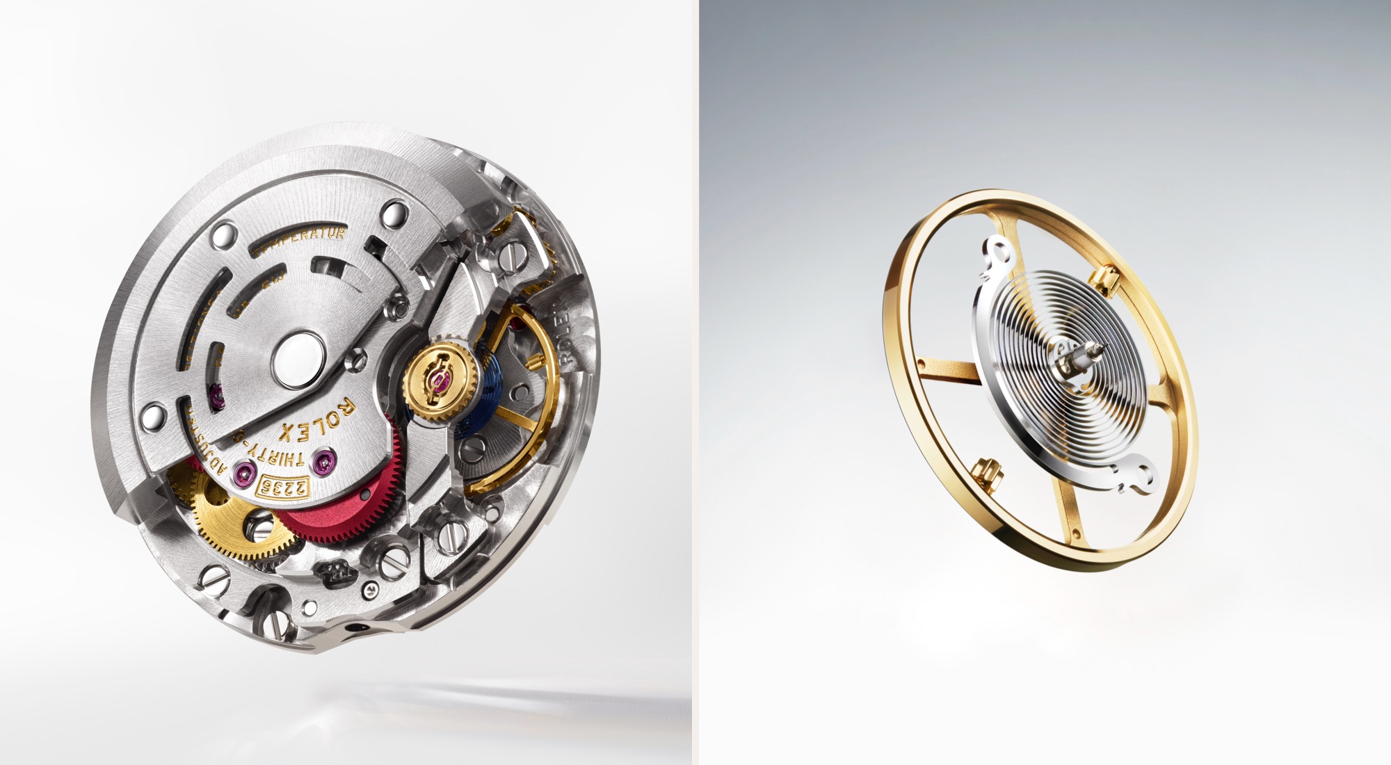 Rolex Lady-Datejust calibre 2236 self-winding movement alongside a close-up of the Syloxi silicon hairspring oscillator