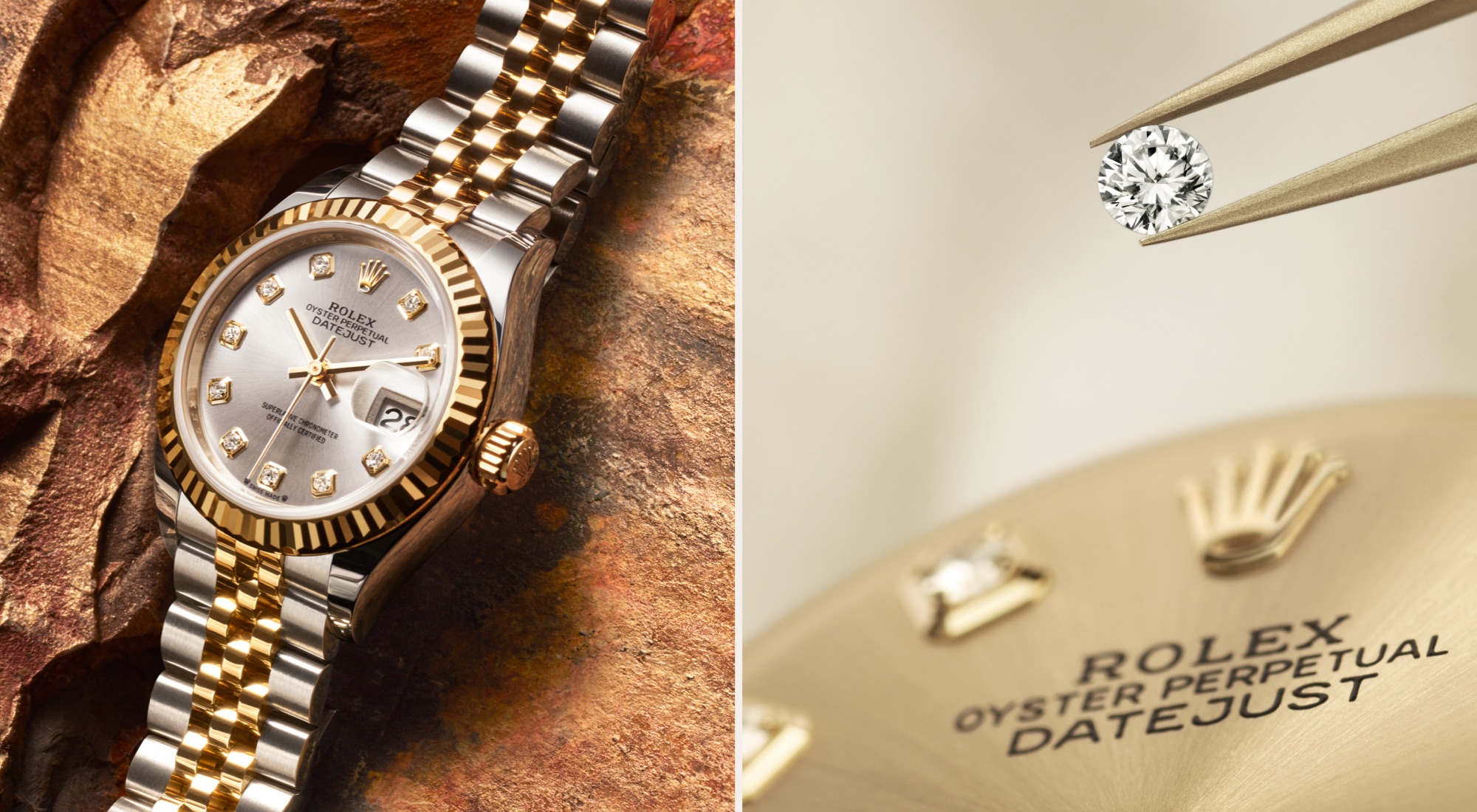 Rolex Lady-Datejust in Oystersteel and yellow gold Rolesor with silver diamond-set dial on a Jubilee bracelet, alongside a close-up of a diamond being placed on a dial with tweezers