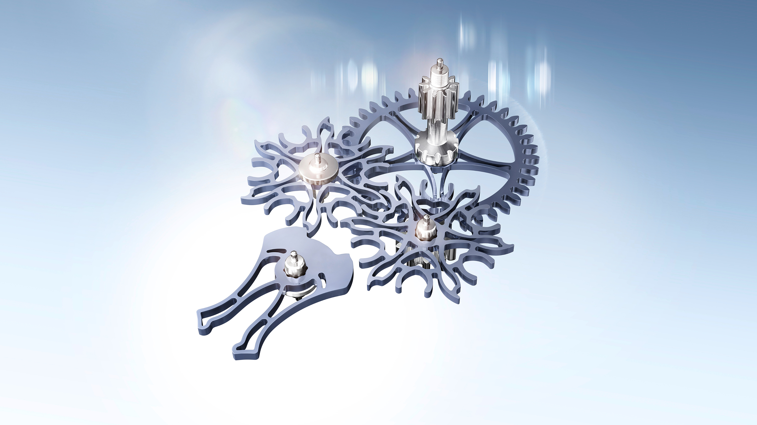 Close-up of the Rolex Land-Dweller caliber 7135 Dynapulse escapement components in silicon