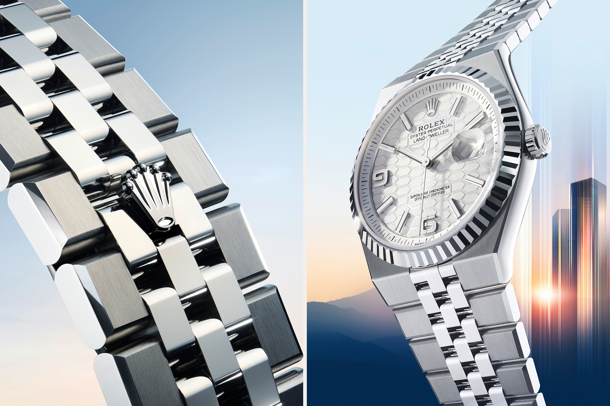 Close-up of the Rolex Land-Dweller Flat Jubilee bracelet showing polished center links and satin-finished outer links, alongside a full watch view