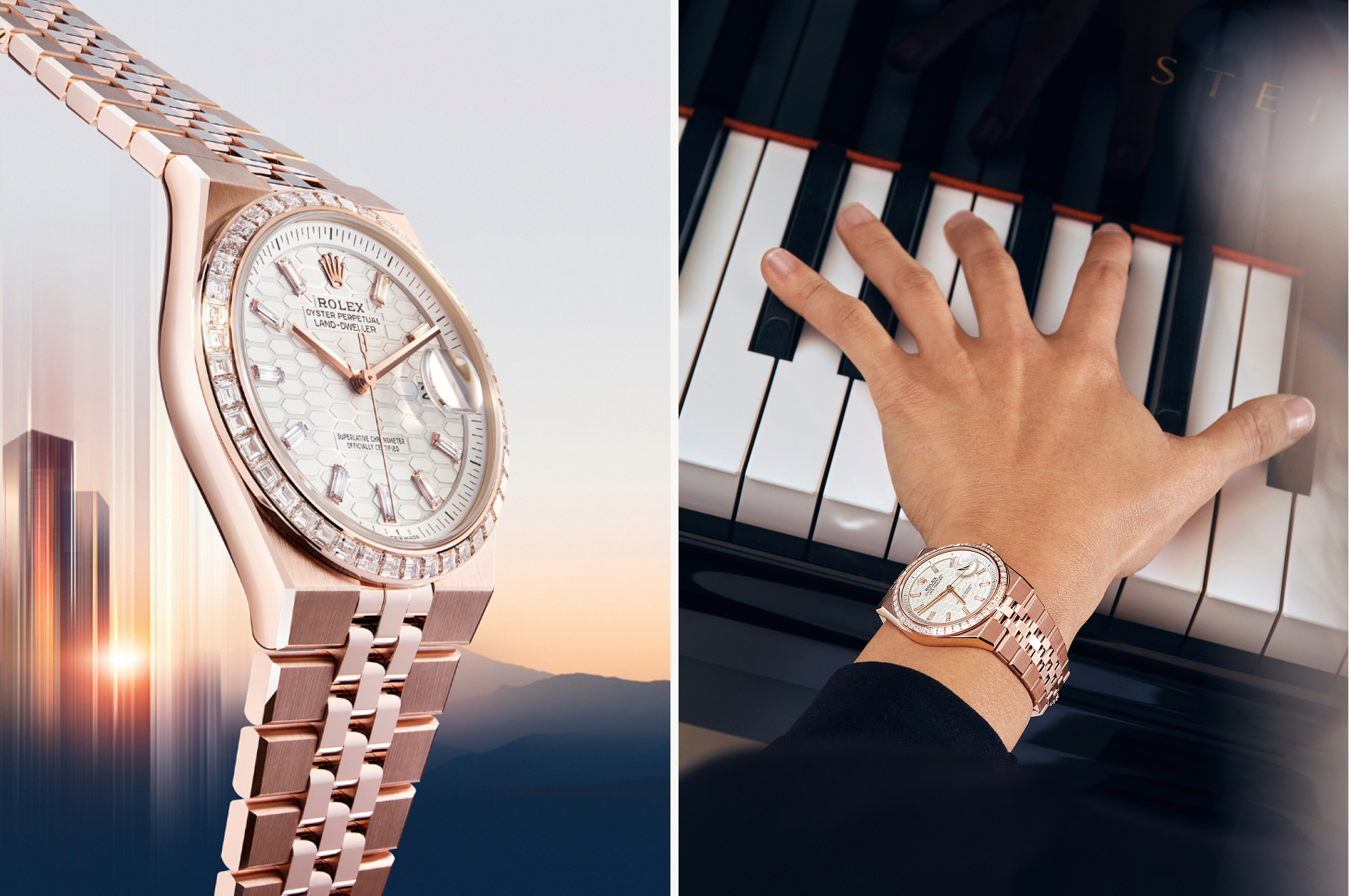 Side view of the Rolex Land-Dweller in Everose gold revealing the transparent caseback and caliber 7135 movement