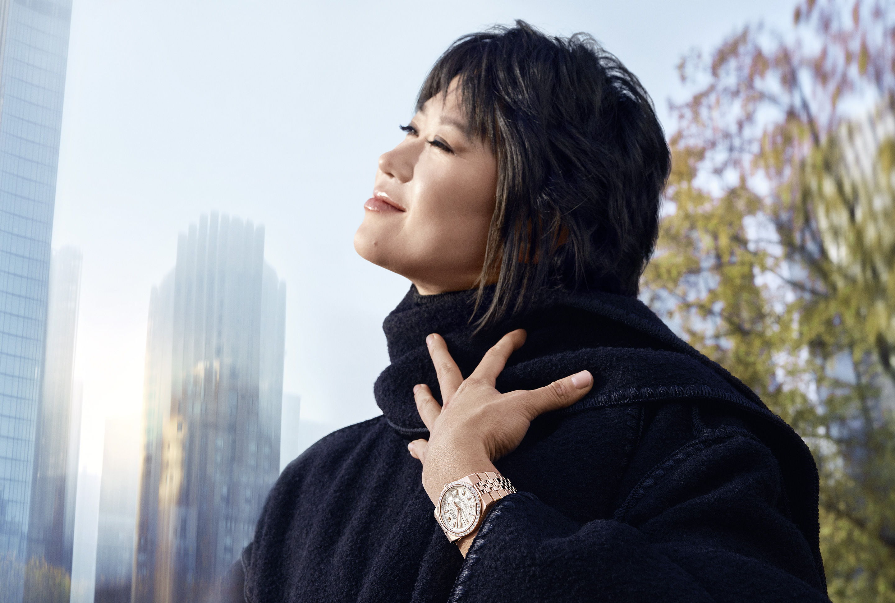 Pianist Yuja Wang wearing the Rolex Land-Dweller in Everose gold with diamond-set bezel