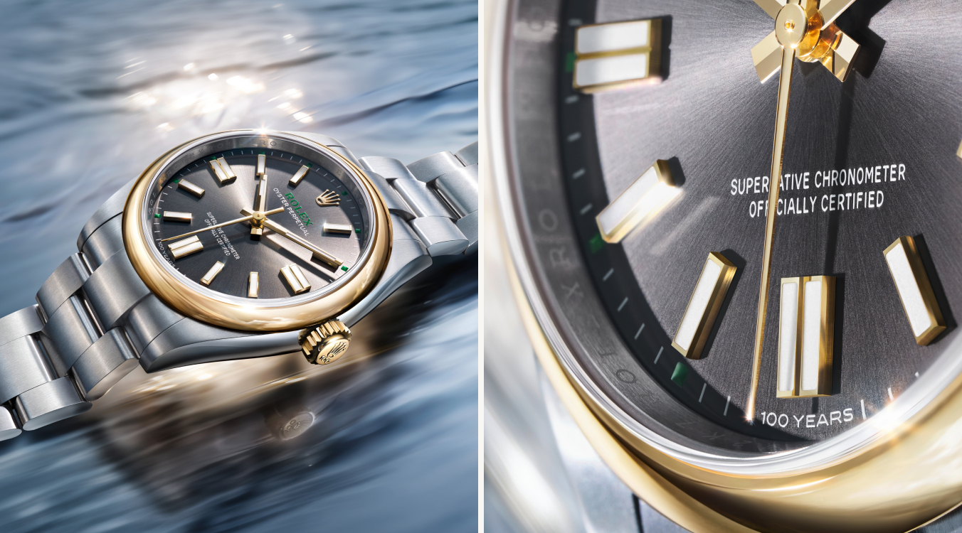 Three Rolex Oyster Perpetual watches: Oyster Perpetual 28 in yellow gold with green lacquer dial, Oyster Perpetual 34 in Oystersteel with champagne sunray dial, and Oyster Perpetual 41 in Everose gold with blue lacquer dial, each on an Oyster bracelet