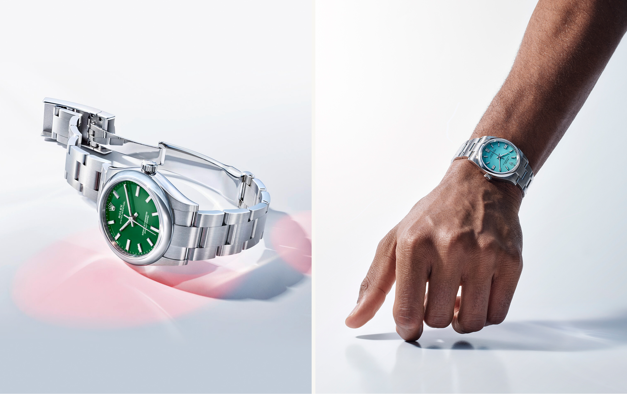Rolex Oyster Perpetual 31 in Oystersteel with green lacquer dial on Oyster bracelet alongside a wrist shot of the Oyster Perpetual 36 with turquoise blue lacquer dial