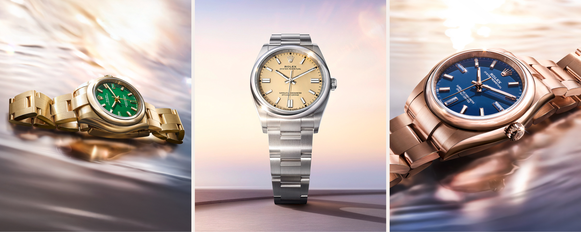Three Rolex Oyster Perpetual watches: Oyster Perpetual 28 in yellow gold with green lacquer dial, Oyster Perpetual 34 in Oystersteel with champagne sunray dial, and Oyster Perpetual 41 in Everose gold with blue lacquer dial, each on an Oyster bracelet