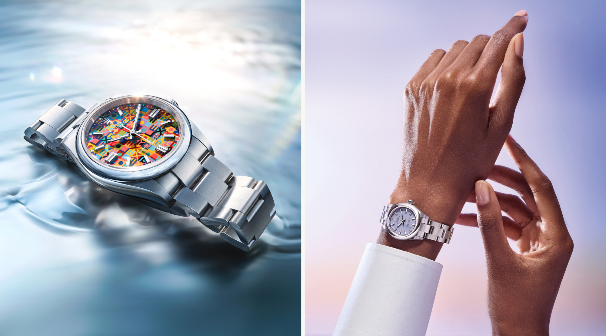 Rolex Oyster Perpetual 36 in Oystersteel with multicolor Jubilee motif lacquer dial alongside a wrist shot of the Oyster Perpetual 31 with lavender matte lacquer dial, both on Oyster bracelets