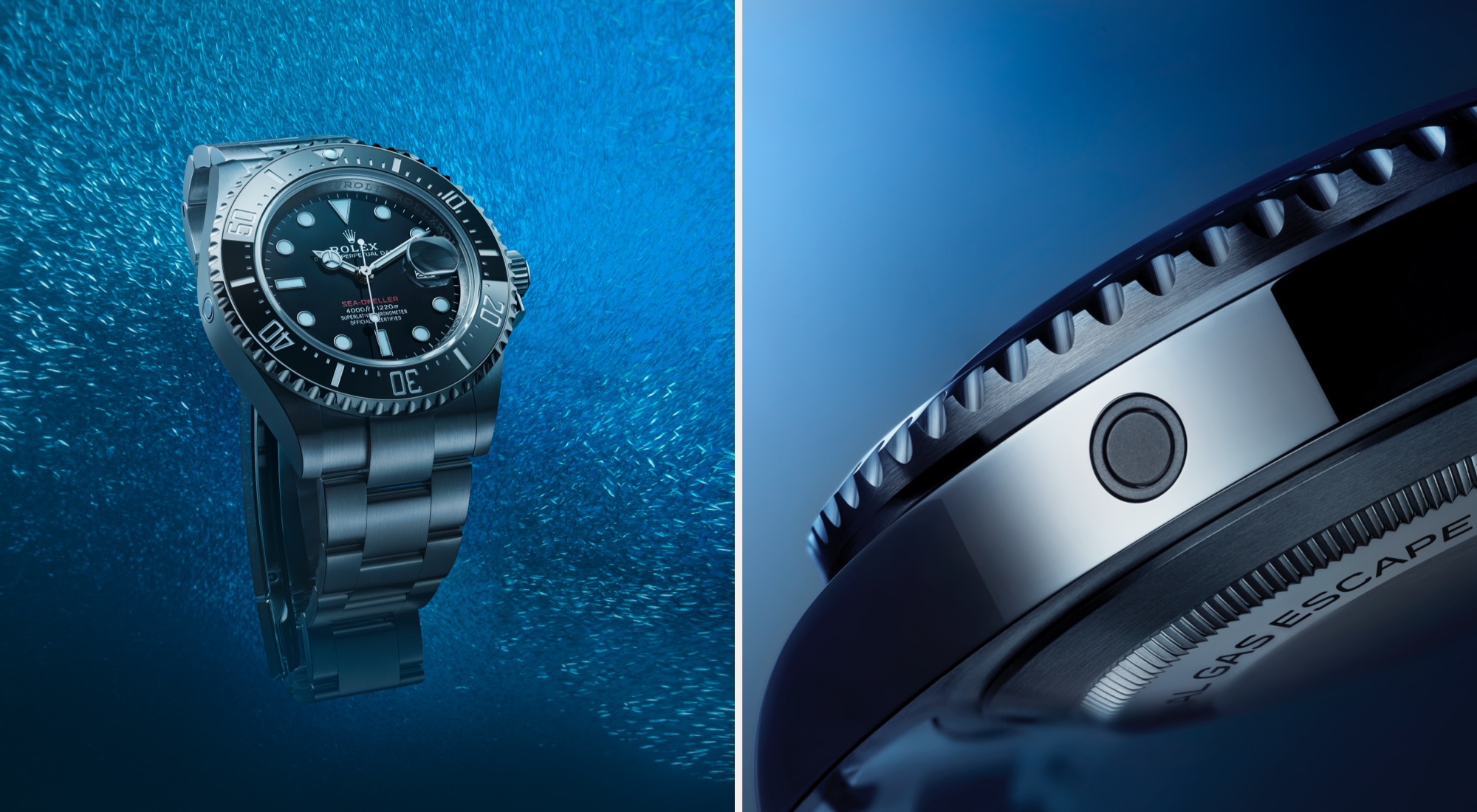 Rolex Sea-Dweller in Oystersteel with black dial suspended underwater among a school of fish, alongside a close-up of the helium escape valve on the case side showing the GAS ESCAPE engraving