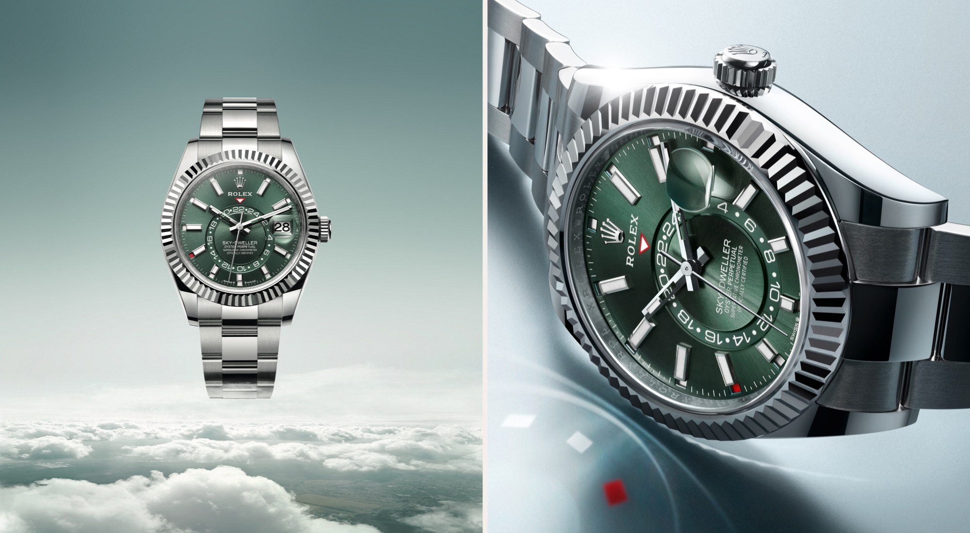 Two Rolex Sky-Dweller watches in Oystersteel with green dial on Oyster bracelet alongside a detailed close-up of the fluted bezel and annual calendar month window