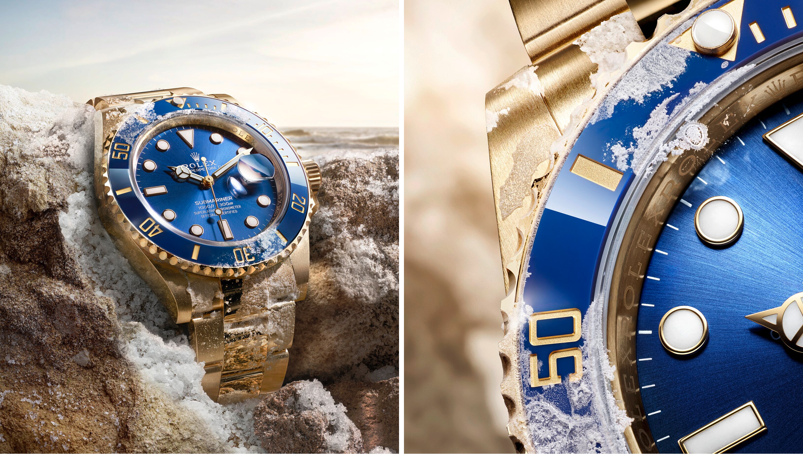 Rolex Submariner in yellow gold with blue sunray dial and blue Cerachrom bezel resting on salt rocks at the waterline, alongside a close-up of the blue bezel showing the 60-minute graduation and luminescent markers