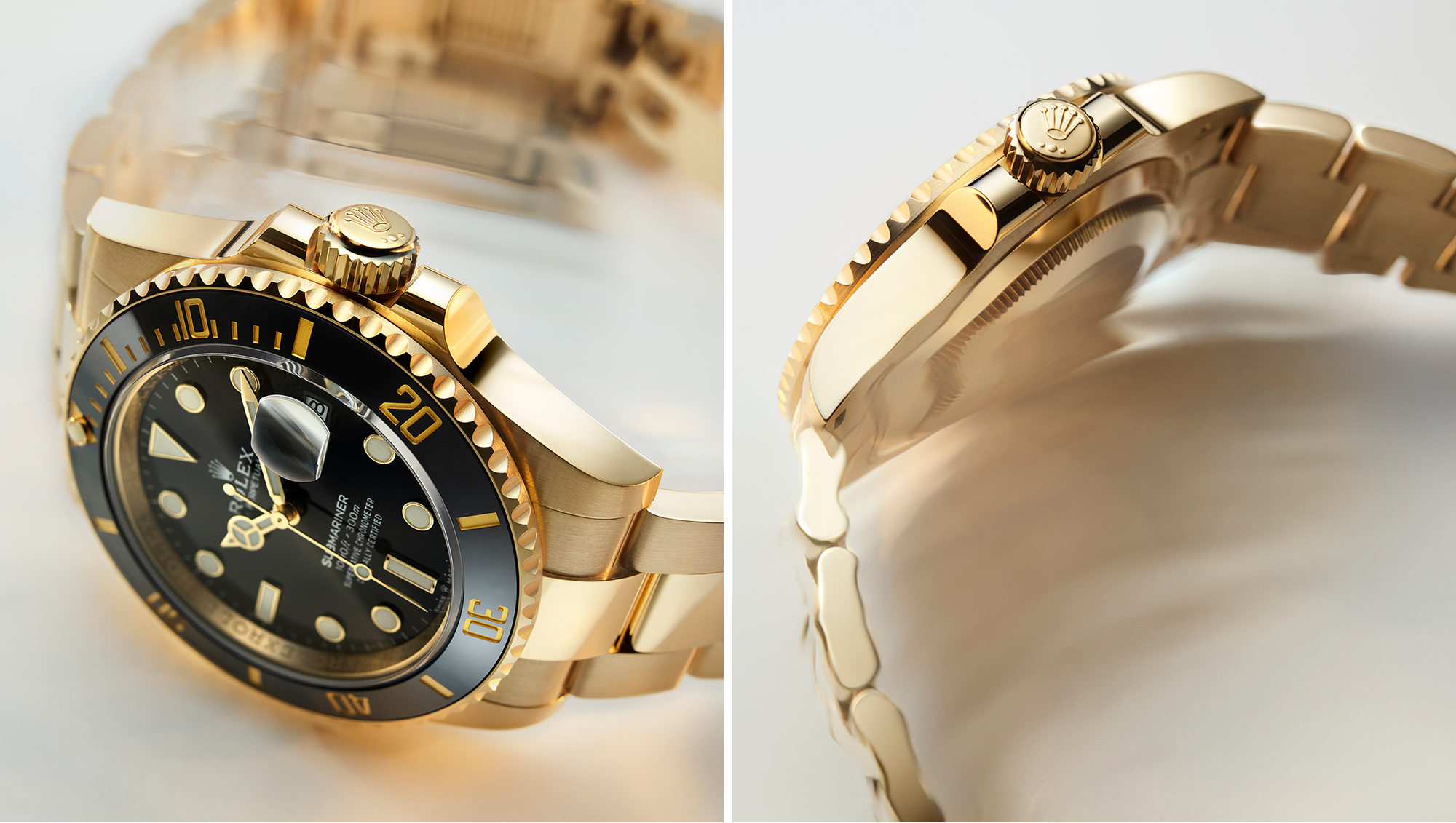Rolex Submariner Date in yellow gold with black dial and black Cerachrom bezel showing the dial and unidirectional bezel at an angle, alongside a side profile close-up of the Oyster case highlighting the Triplock winding crown with Rolex crown emblem
