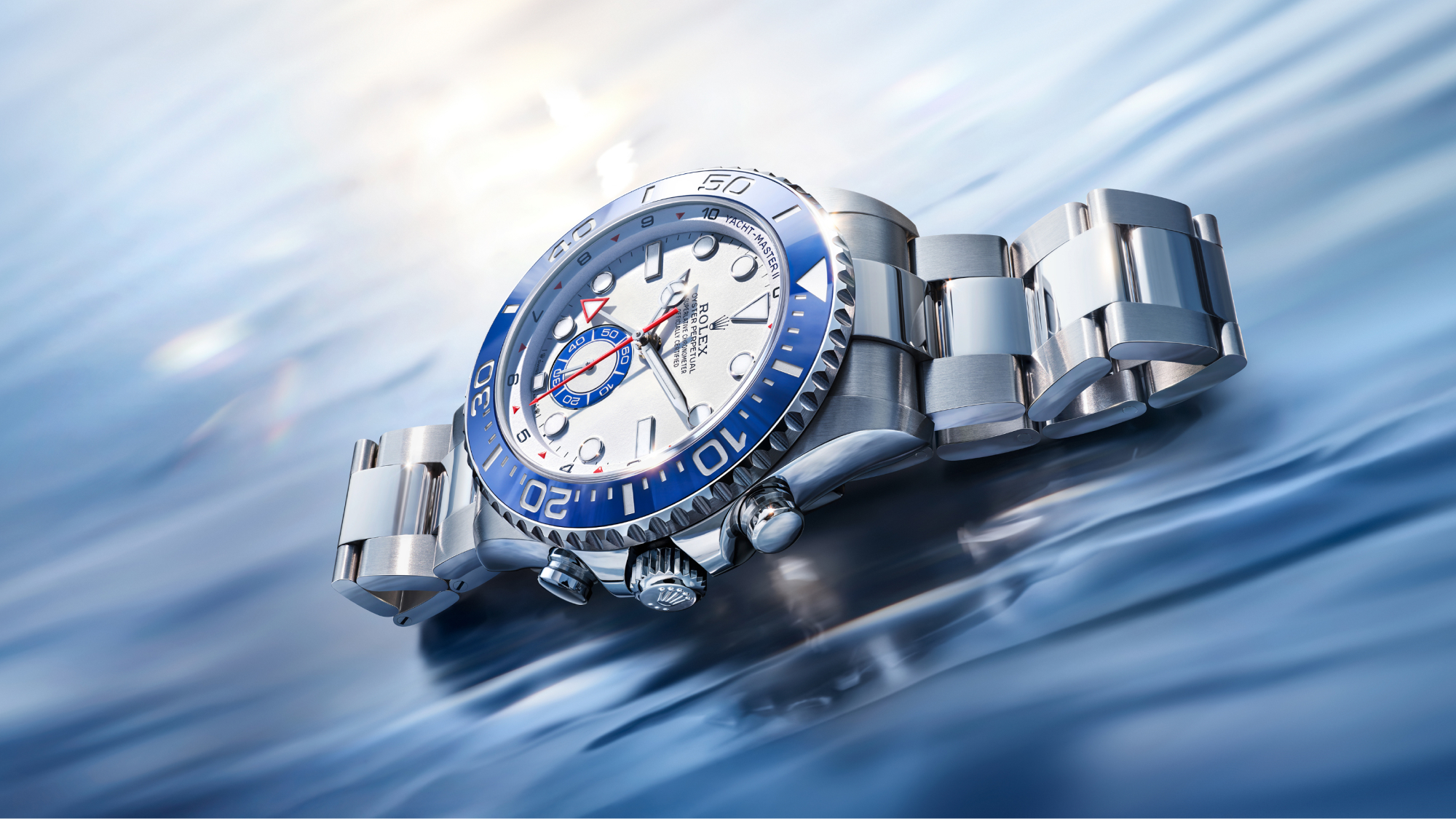 Rolex Yacht-Master II in Oystersteel skimming across water surface at speed