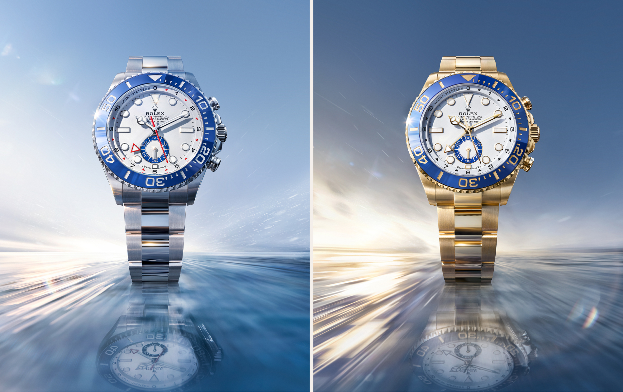 Rolex Yacht-Master II in Oystersteel and in 18 kt yellow gold side by side against nautical backdrop