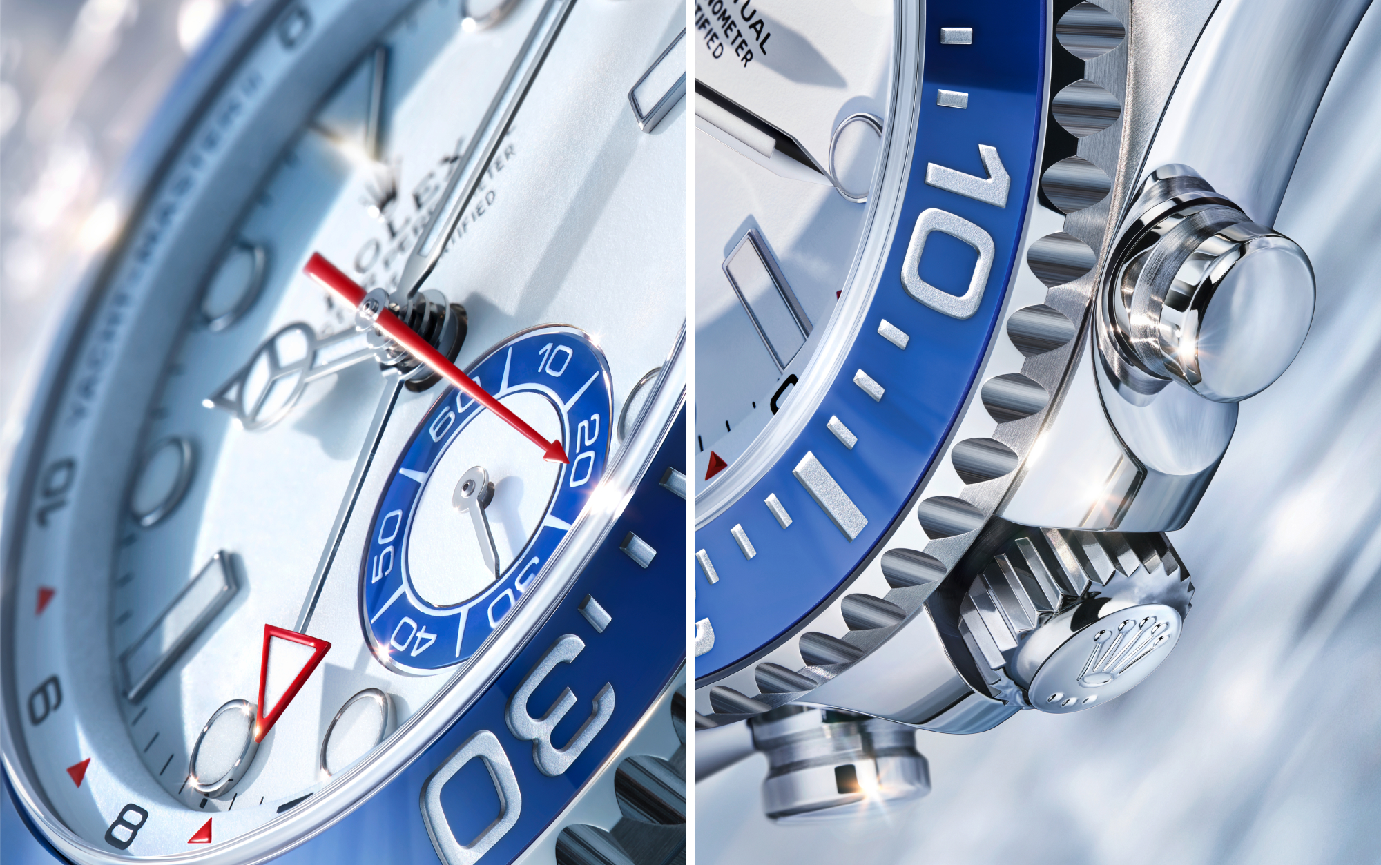 Rolex Yacht-Master II dial showing red countdown hands and chronograph subdial alongside crown and pushers detail