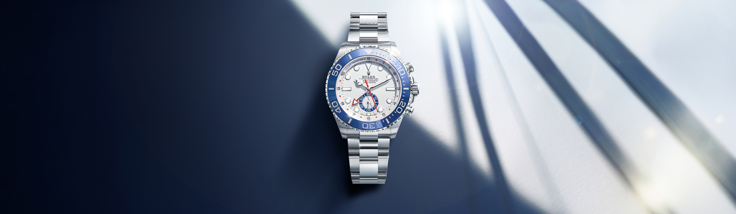 Rolex Yacht-Master II in Oystersteel with white dial and blue Cerachrom bezel, Oyster bracelet