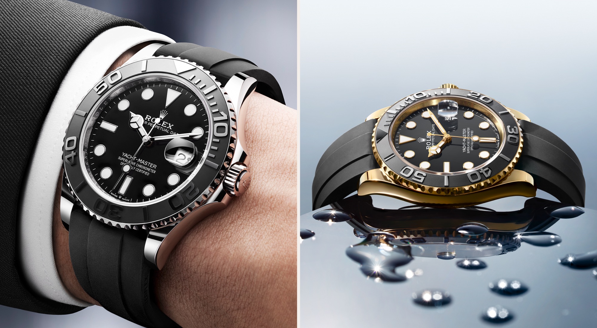 Rolex Yacht-Master 42 in white gold worn on wrist alongside Yacht-Master 42 in yellow gold with black Oysterflex bracelet