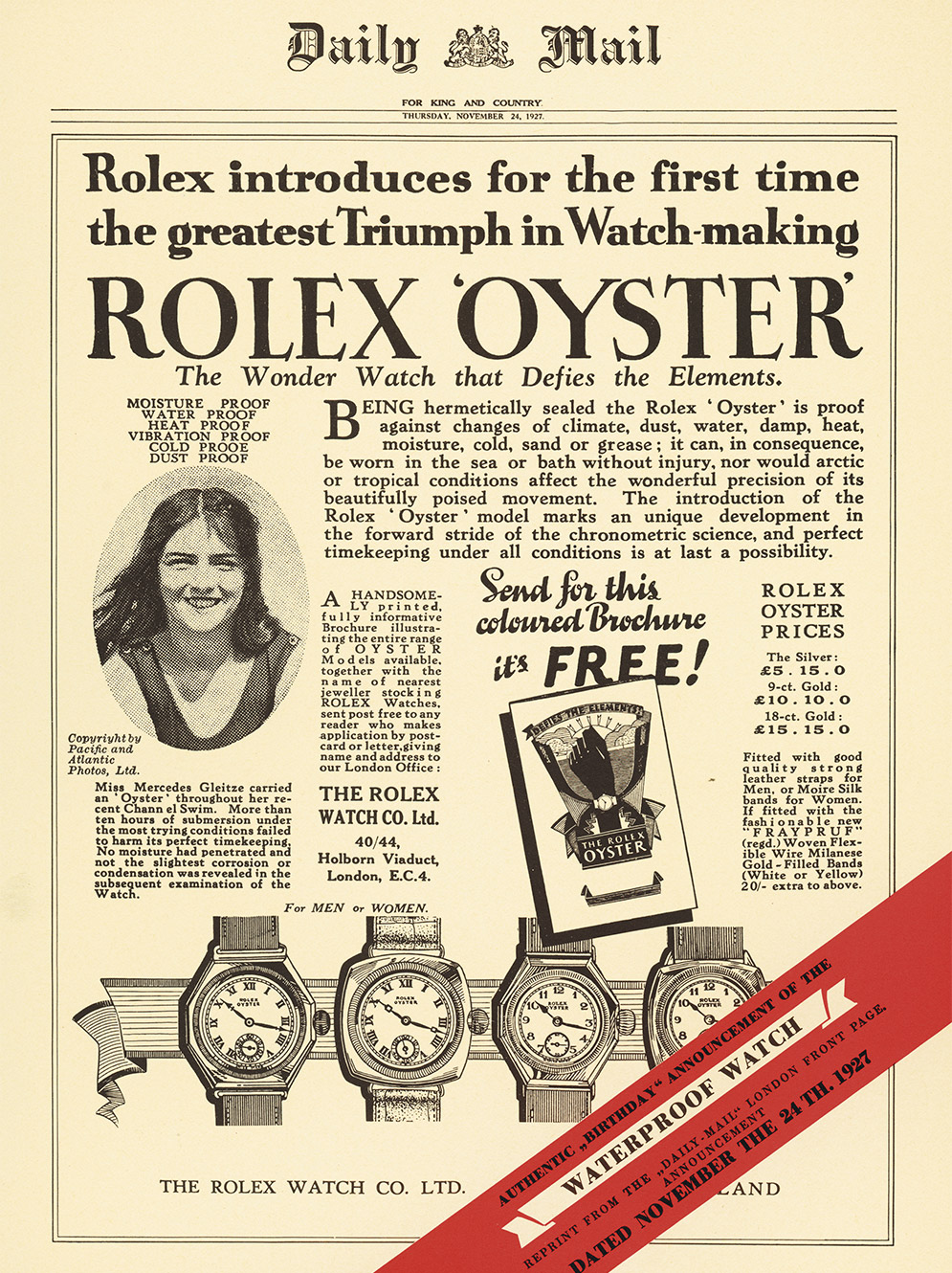 Mercedes Gleitze wearing a Rolex Oyster before her English Channel swim, 1927