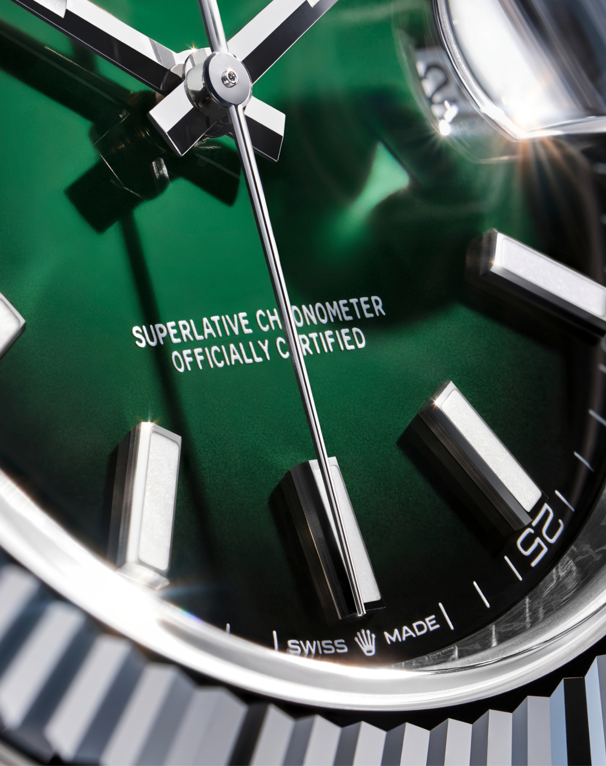Close-up of the Rolex Datejust 41 green lacquer ombré dial with Chromalight hour markers and date window
