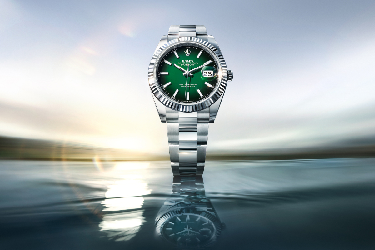 Rolex Datejust 41 in white Rolesor with green lacquer ombré dial and fluted bezel, new watches 2026