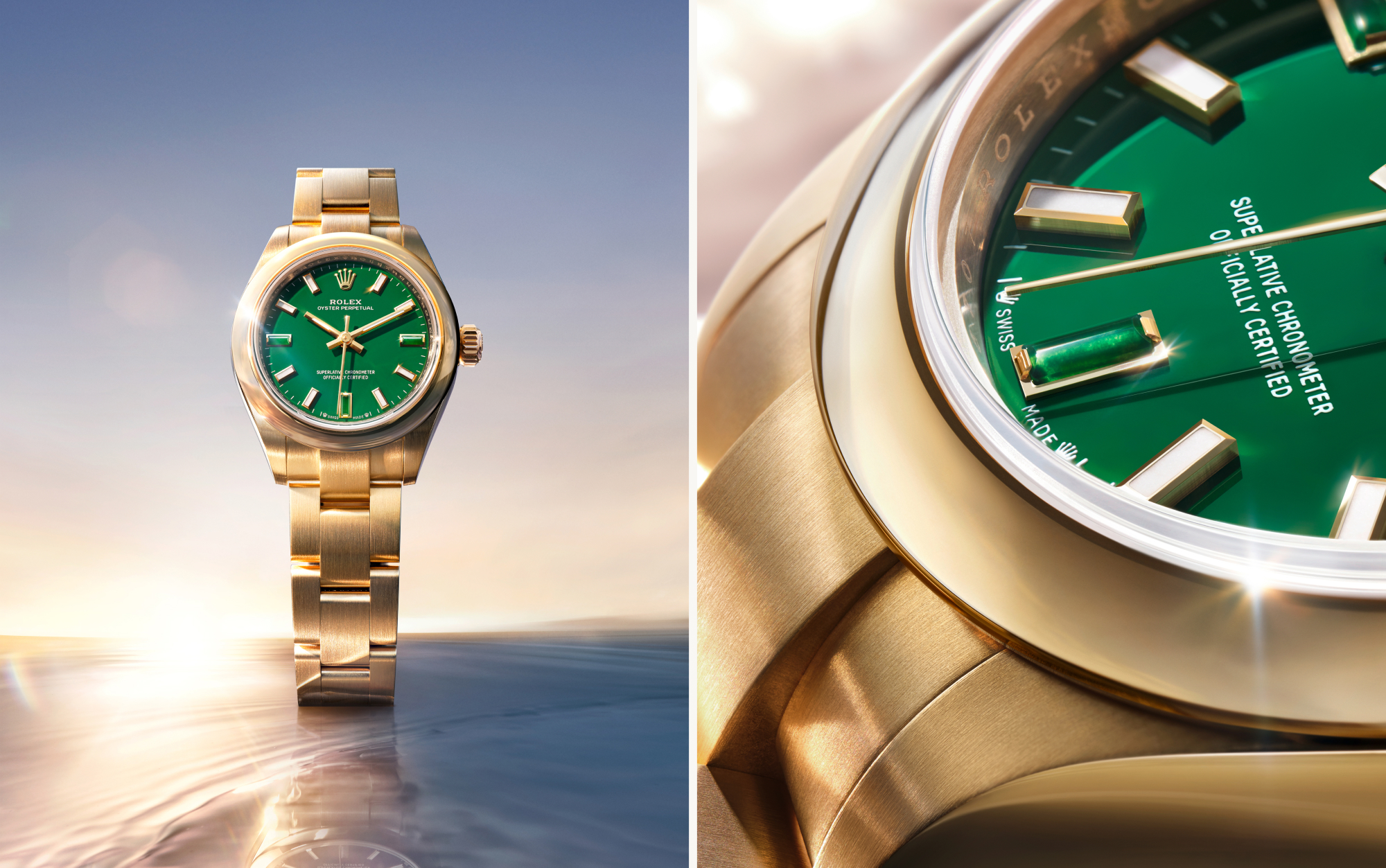 Rolex Oyster Perpetual 28 in 18 kt yellow gold with satin-finished case and green stone lacquer dial