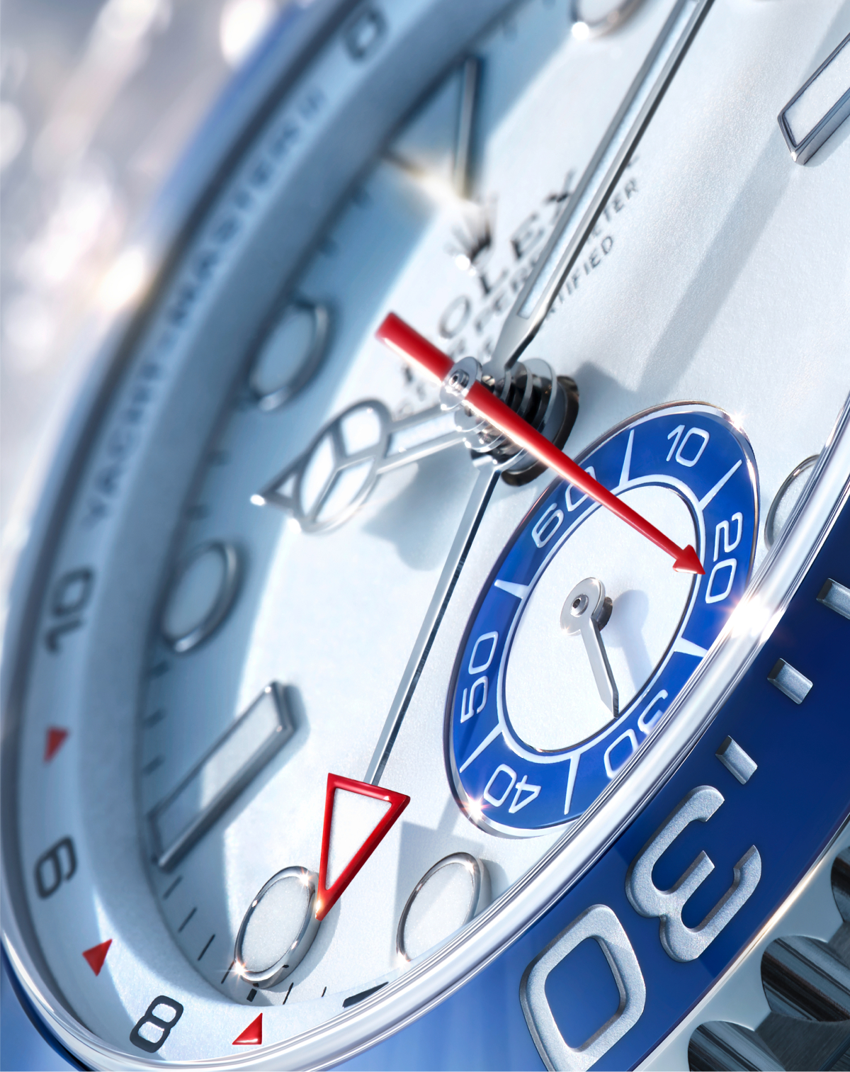 Close-up of the Rolex Yacht-Master II white matte lacquer dial showing the graduated countdown flange and applique hour markers